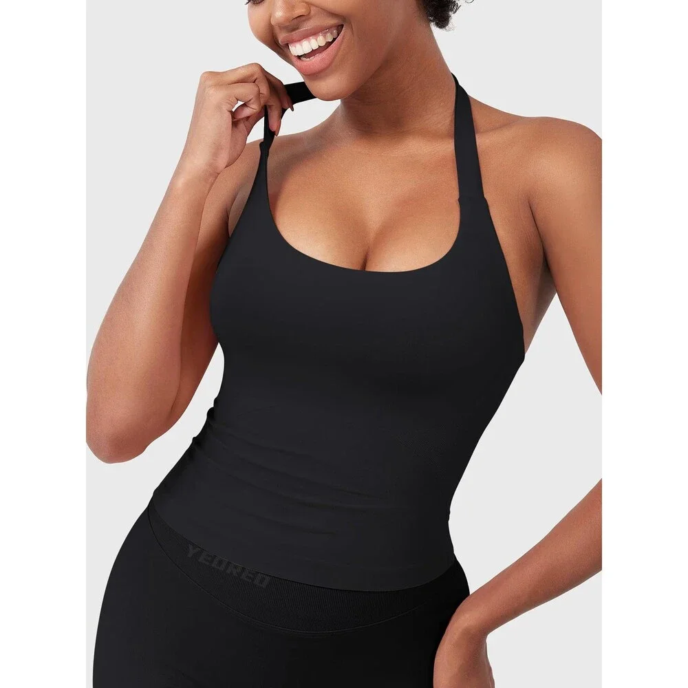 YEOREO Women's Black Softhue Impact Halter Tank Top Longline Backless Scoop XS